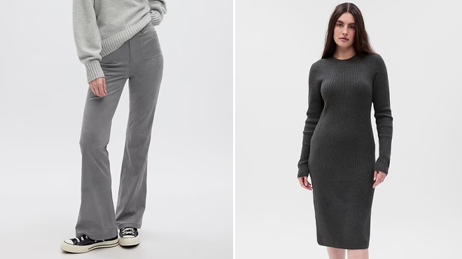 GAP High Rise Vegan Suede 70s Flare Jeans and GAP CashSoft Midi Sweater Dress