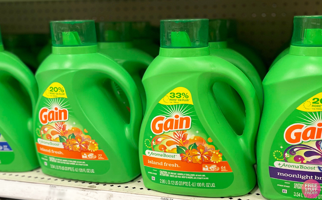 Gain Aroma Boost 61 Loads Liquid Laundry Detergent Displayed on shelf