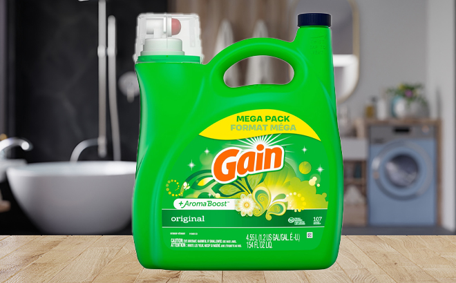 Gain Aroma Boost Liquid Laundry Detergent Original Scent 107 Loads on a Bathroom Counter