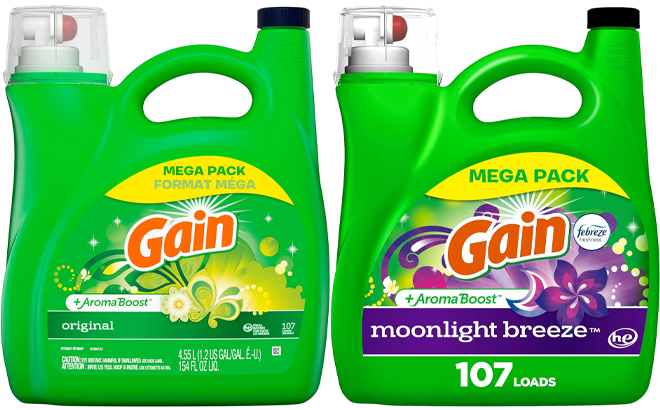 Gain Aroma Boost Liquid Laundry Detergent Original Scent and Moonlight Breeze Scent 107 Loads