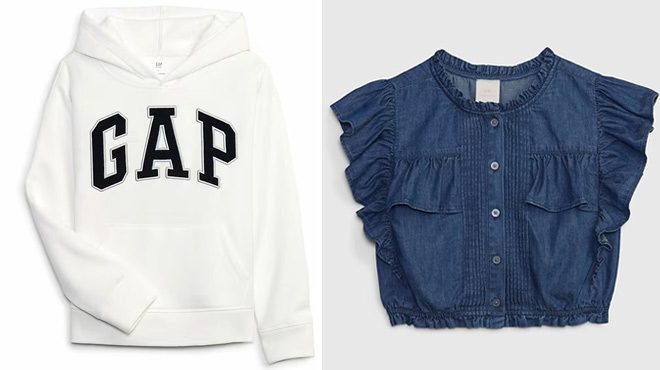 Gap Arch Logo Hoodie on The Left and Denim Ruffle Button Front Top on The Right