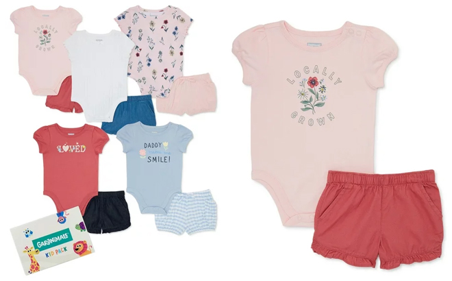 Garanimals Baby Girls Mix and Match Short Sleeve Bodysuit and Shorts 10 Piece Set and One Set Shown Next to it