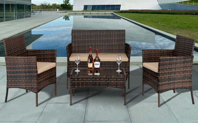 GoDecor 4 Piece Outdoor Rattan Conversation Chat Set GoDecor 4 Piece Outdoor Rattan Conversation Chat Set