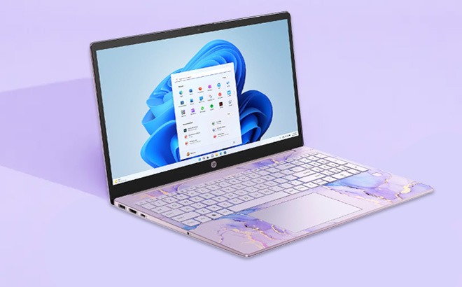 HP 15 Inch Touch Laptop in Purple on Purple Background