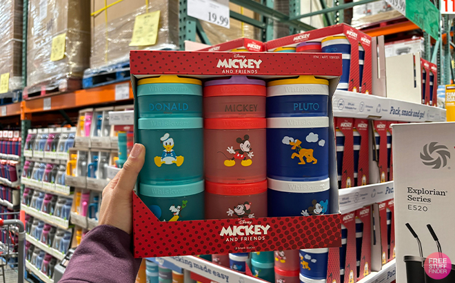 Hand Holding Whiskware Mickey Mouse 3 Snack Stacks Containers at Costco