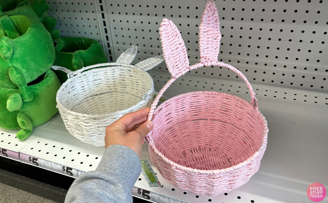 Hand Holding Woven Bunny Easter Basket in Pink