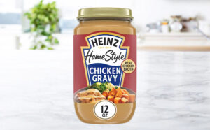 Heinz Homestyle Classic Chicken Gravy 12 Ounce Jar on a Kitchen Countertop