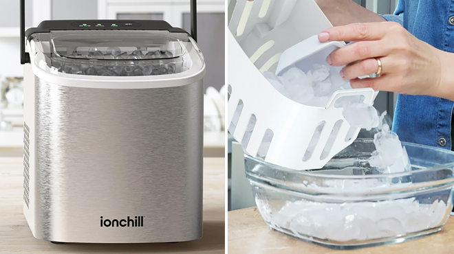 Ionchill Quick Cube Ice Machine on the Left and Removable Basket from the Same Item on the Right