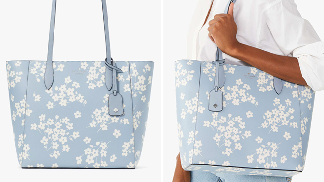 Kate Spade Dana Sweet Flora Tote on the Left and a Woman Carrying the Same Item on the Right