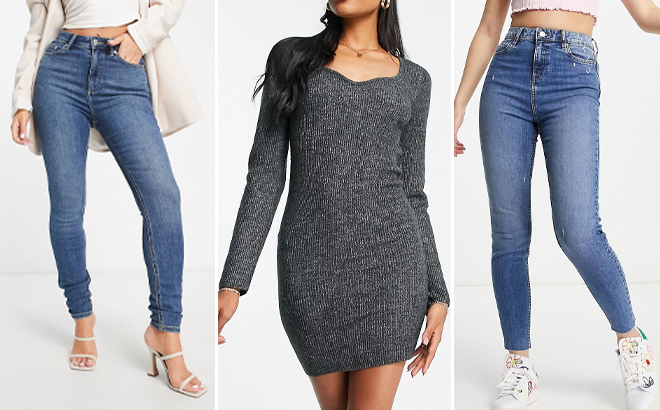 Knit Mini Dress with Sweetheart Necklines and Jeans