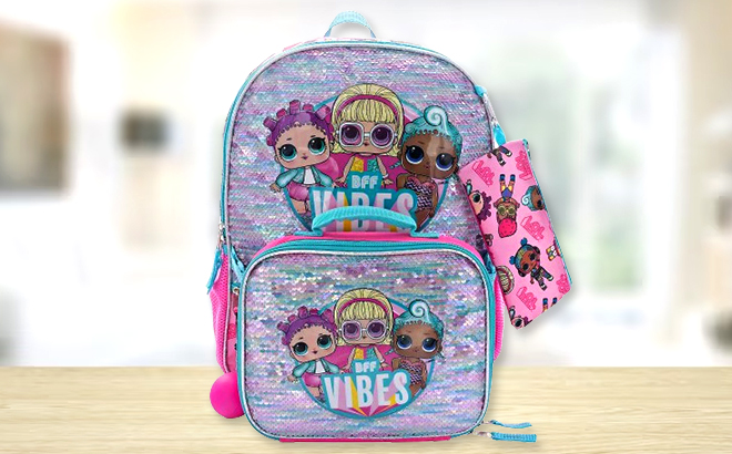 LOL Surprise 5 Piece Backpack & Lunch Box Set on a Table