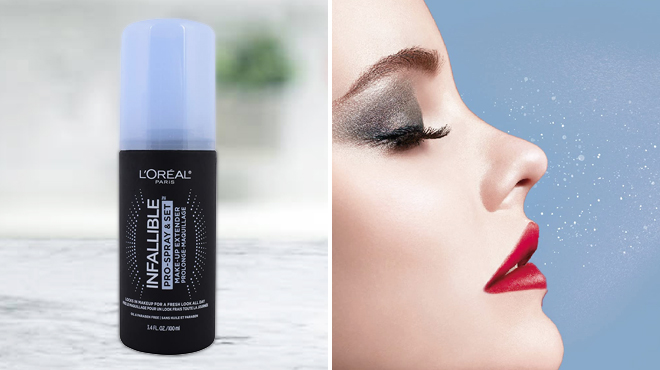LOreal Paris Makeup Infallible Setting Spray on the Left and a Woman Featuring the Spray on the Right