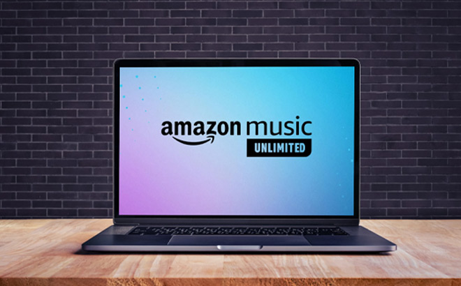 Laptop on a Tabletop with Amazon Music Unlimited on the Background