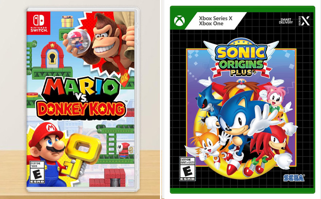 Mario Vs Donkey Kong for Nintendo Switch on Lef and Sonic Video Game for XBox on Right
