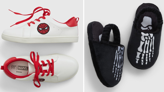 Marvel Spider Man Sneakers on The Left and Halloween Skeleton Slippers on The Right