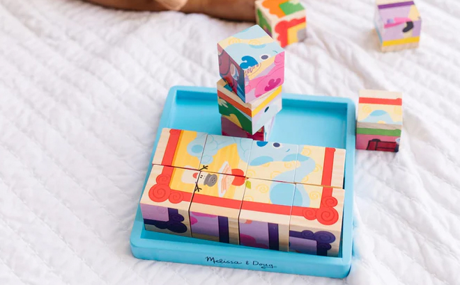 Melissa Doug Blues Clues You Wooden Cube Puzzle with kid playing Melissa Doug Blues Clues You Wooden Cube Puzzle with kid playing