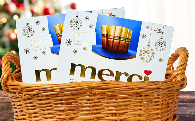 Merci Assorted Chocolate Holiday Boxes in a Basket