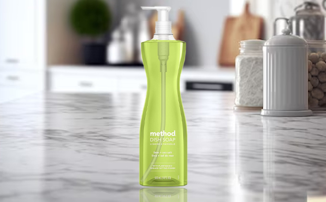 Method Dish Soap Lime Sea Salt Scent Biodegradable Formula on a Kitchen Counter