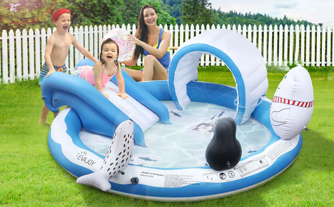 Mom and Kids Playing on Inflatable Play Center Kiddie Pool