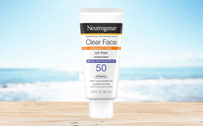 Neutrogena Clear Face SPF 50 Sunscreen on a Beach Table