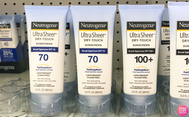Neutrogena Ultra Sheer Dry Touch SPF 70 Sunscreen Lotion on a Shelf