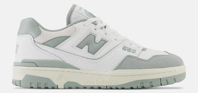 New Balance 550 shoes in white with juniper and dark juniper color
