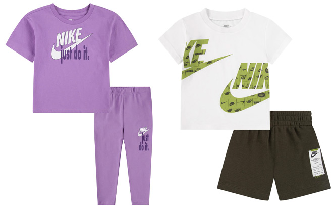Nike Boxy T Shirt Leggings Kids Set and Nike Sportswear Club Graphic T Shirt Sweat Shorts Baby Set