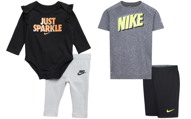 Nike Just Sparkle Bodysuit Leggings 2 Piece Baby Set and Nike Dri FIT T Shirt Shorts Kids Set
