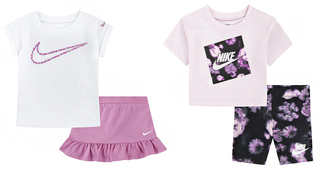 Nike Stretch Cotton Jersey T Shirt Ruffle Skirt Baby Set and Nike Boxy Graphic Tee Bike Shorts Baby Set