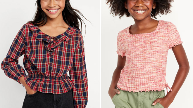 Old Navy Long Sleeve Plaid Ruffle Trim Top and Old Navy Short Sleeve Textured Knit Side Ruched Top