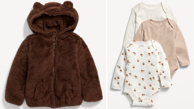 Old Navy Unisex Critter Zip Front Hooded Jacket for Toddler and 3 Pack Unisex Long Sleeve Bodysuit for Baby