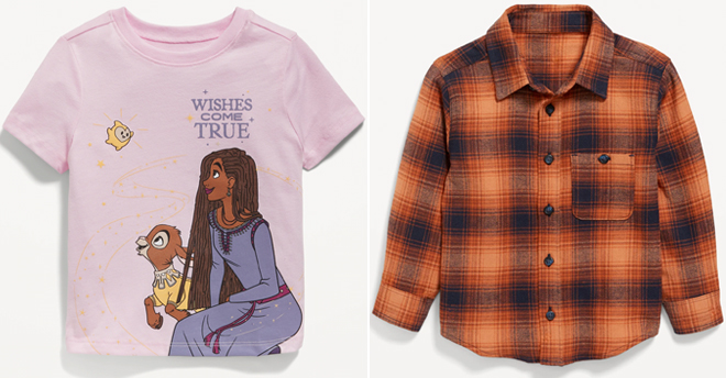 Old Navy Unisex Disney Wishes Come True T Shirt for Toddler and Cozy Long Sleeve Plaid Pocket Shirt