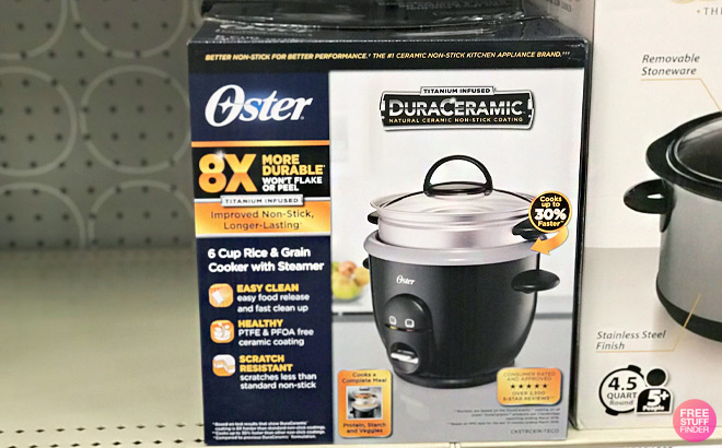 Oster DiamondForce 6 Cup Electric Rice Cooker on a Shelf