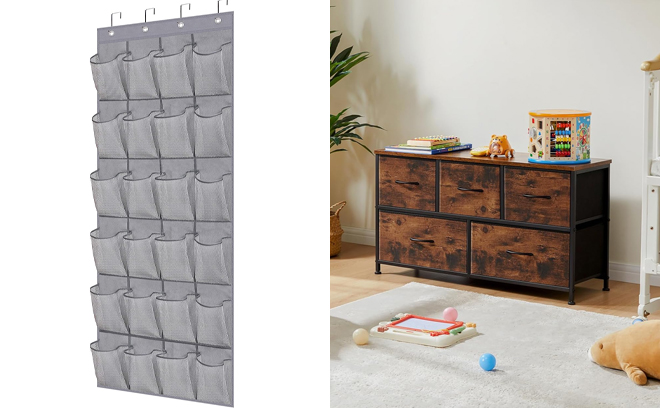 Over The Door Shoe Organizer and 5 Drawer Organizer Closet in Brown