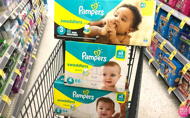 Pampers Swaddlers Diapers on a Walgreens Cart