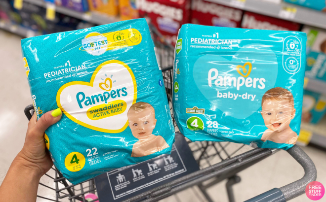 Pampers Swaddlers and Baby Dry Jumbo Diaper Packs in Cart