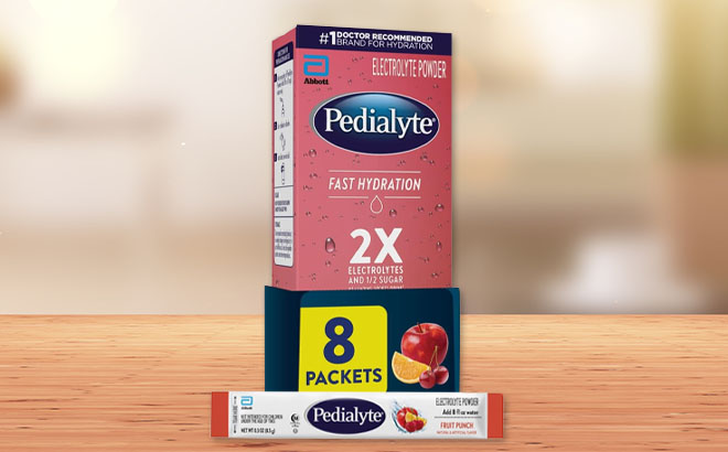 Pedialyte Fast Hydration Electrolyte Powder on a Table