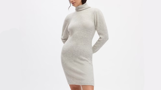 Person Wearing GAP Ribbed Puff Sleeve Sweater Mini Dress