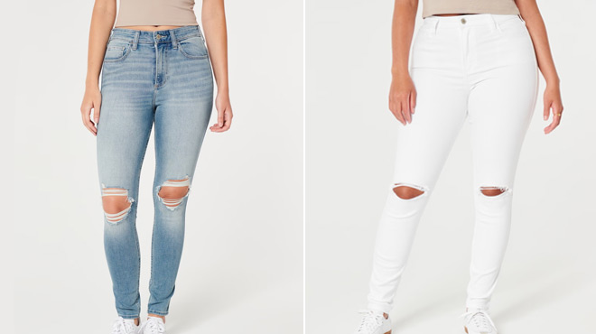 Person wearing Hollister Curvy High Rise Super Skinny Jeans on the left and Hollister Curvy High Rise Super Skinny Jeans on ther right