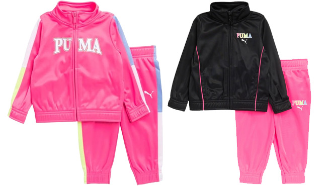 Puma Baby Track Jacket Joggers Set on the left and Puma Baby Tricot Jacket Leggings Set in black on the right