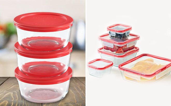 Pyrex 2 Cup Round Glass Food Storage 6 Piece Set and Pyrex 10 Pc FreshLock Glass Storage Set