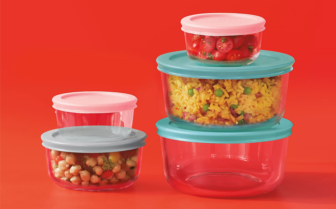Pyrex Simply Store 10 Piece Glass Storage Set on a Red Background