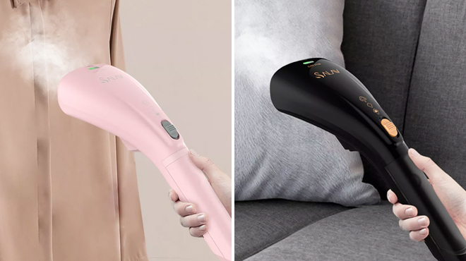 Quicksteam Handheld Garment Steamer in Pink on the Left and Black on the Right