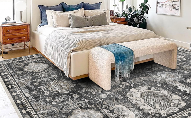 A Room Showing a Bed and 5x7 Washable Water Resistant Non Slip Area Rug 