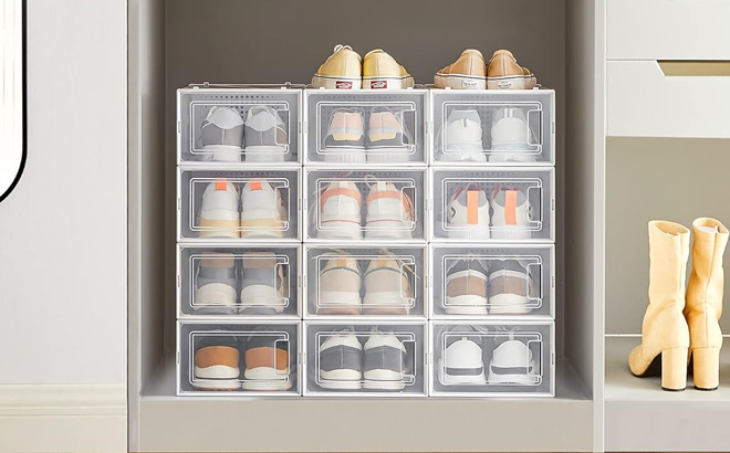 SONGMICS Shoe Boxes 12 Shoe Storage Organizers with Shoes