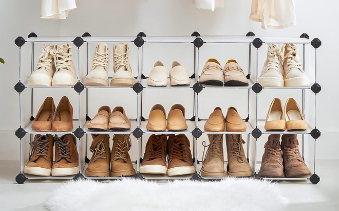 SONGMICS Shoe Rack Space Saving 15 Slot Plastic Shoe Storage Organizer Unit