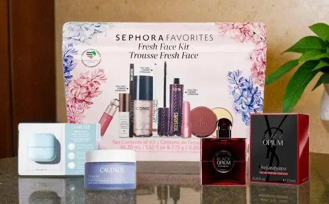 Sephora Favorites Fresh Face Kit with Two Free Samples and a YSL Black Opium Perfume Sample on a Table