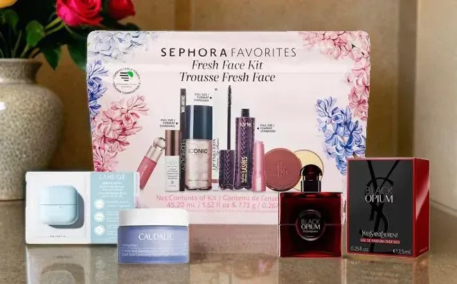Sephora Favorites Fresh Face Kit with Two Free Samples and a YSL Black Opium Sample on a Table