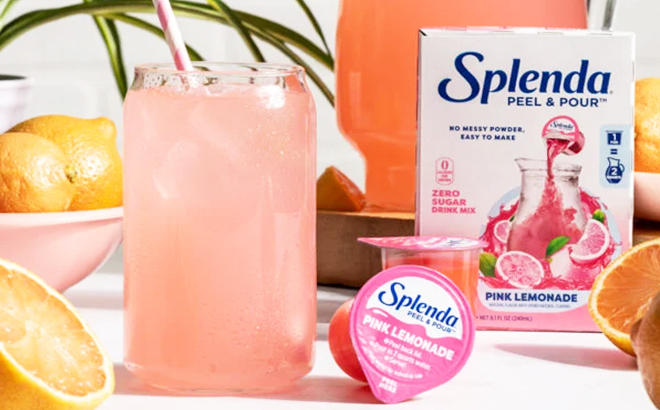 Splenda Peel Pour Zero Sugar Drink Mix in Splenda Peel Pour Zero Sugar Drink Mix Pink Lemonade on the table