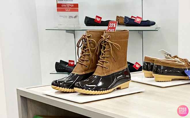 Sporto Water Resistant Duck Boots on a Shelf